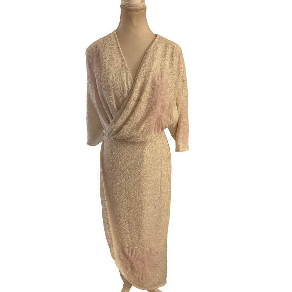 RETROFETE NEW White Beaded wrap Midi Dress Size Medium Bridal